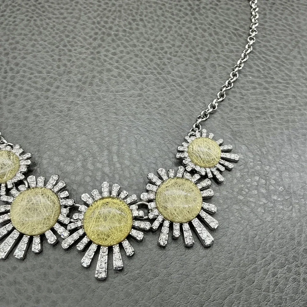 Ann Taylor Necklace Silver Tone Yellow Resin Rhinestone Sunburst‎ Bib Womens 18
